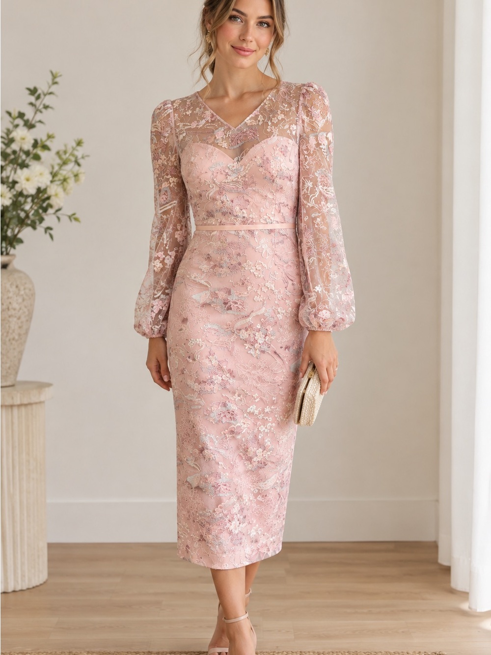 Theia Blush Pink Lace Sheath Dress